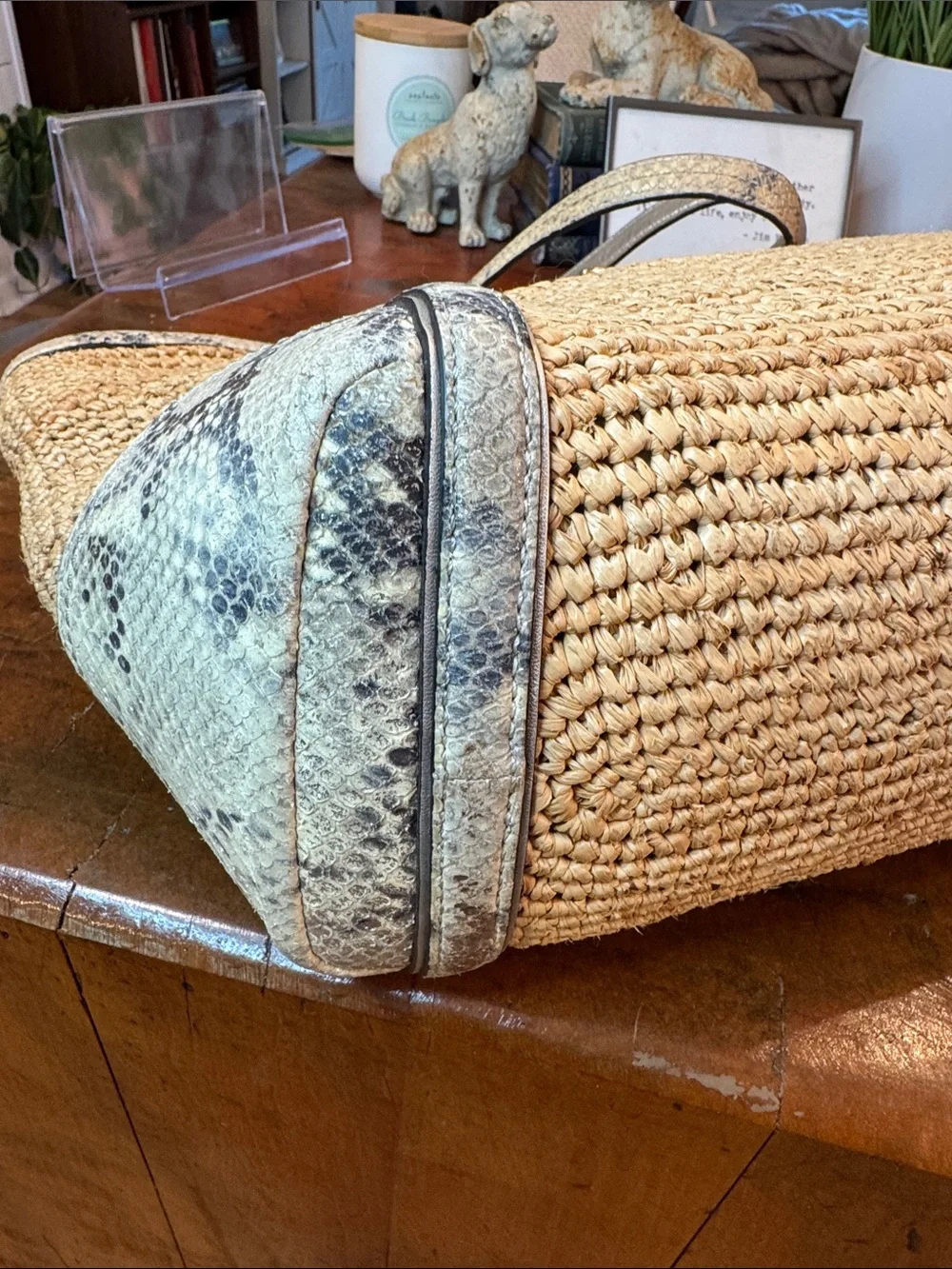 Coach Natural Straw Tote with Gray Snakeskin Trim